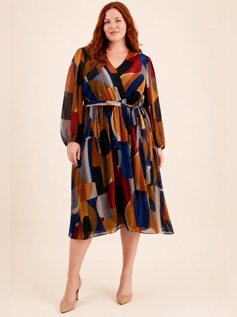 Signature by Robbie Bee modern abstract color-block fauX wrap Dress Size 18W